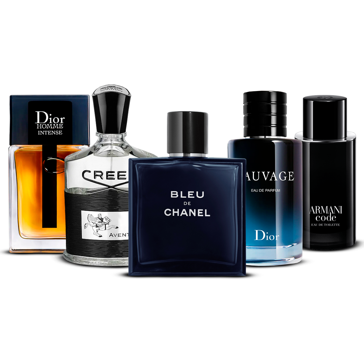 Set de 5 Perfumes – Dior Homme Intense, Creed Aventus, Bleu de Chanel, Sauvage i Armani Code [100 ml cada uno]