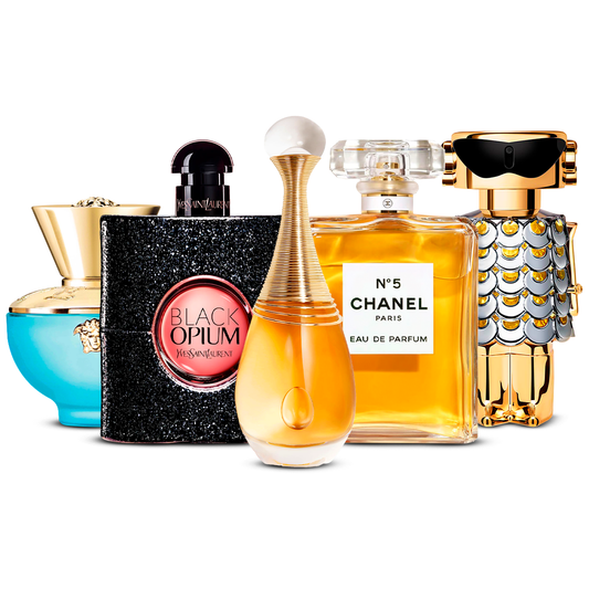 Set de 5 Perfumes – Versace Dylan Turquoise, Black Opium, J'adore, Chanel Nº5 i Fame [100 ml cada uno]
