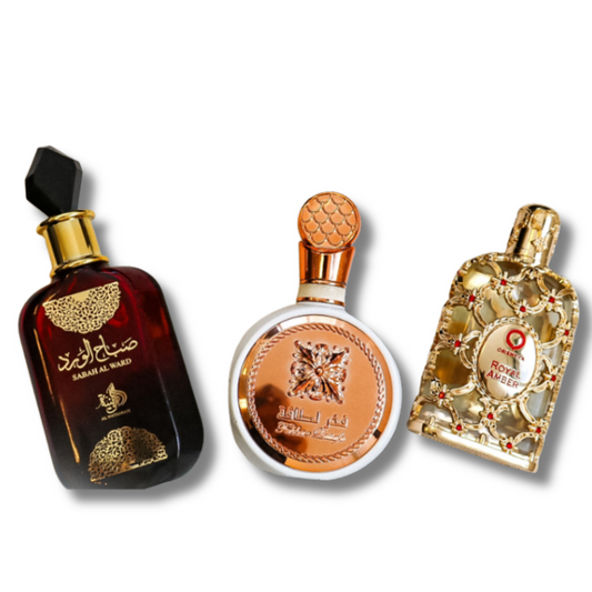 Set de 3 Perfumes | Sabah Al Ward 100 ml, Fakhar 100 ml, Royal Amber 100 ml